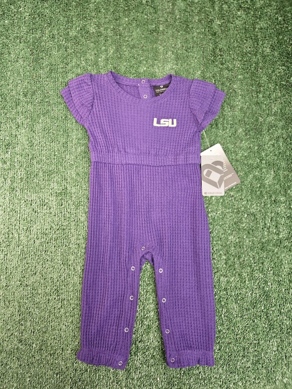 Colosseum LSU Purple Waffle Knit Romper One-Piece Snap Short Sleeve 12-18M READ.